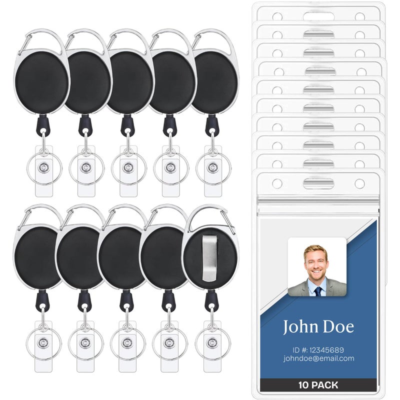 Will Well ID Badge Holders with Clip and Keyring - Vertical Clear Plastic 3.58" x 2.52" Sleeves Fit Up to 3 Cards - Retractable 24" UHMWPE Fiber Pull Cords for Easy Access - 10-Pack, Black Reels - Image 1
